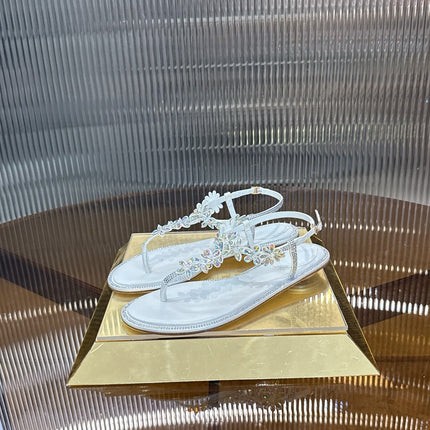 RENE CAOVILLA 26S EMBELLISHED THONG SANDALS IN WHITE LAMBSKIN