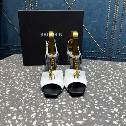 BALMAIN 26S HIGH-HEEL SANDALS 95 MM IN BLACK AND WHITE CALFSKIN