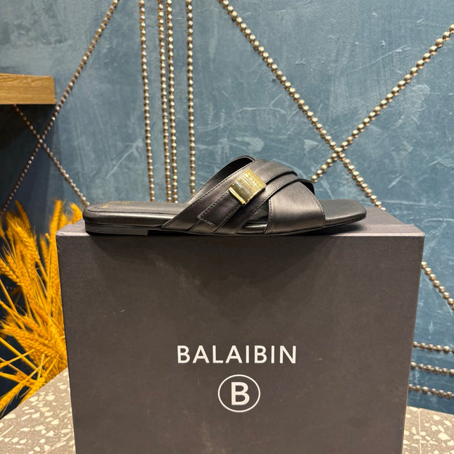 BALMAIN 26S CROSS-STRAP SLIDES IN BLACK CALFSKIN