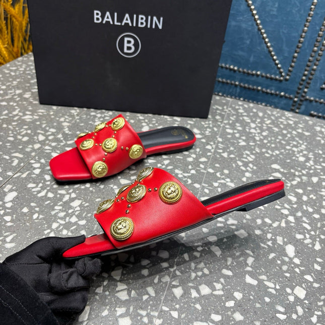BALMAIN 26S SLIPPERS IN RED CALFSKIN WITH GOLD HARDWARE