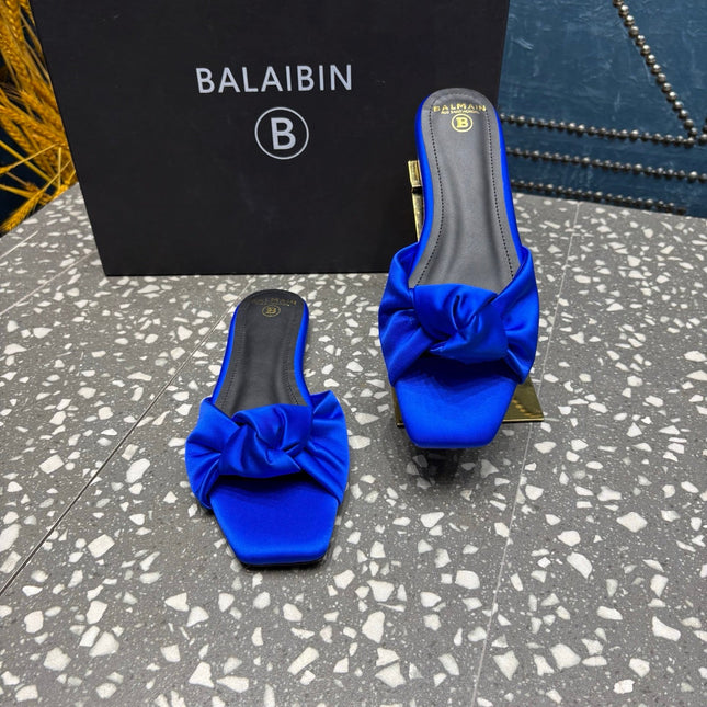 BALMAIN 26S SLIDES IN NAVY BLUE SATIN