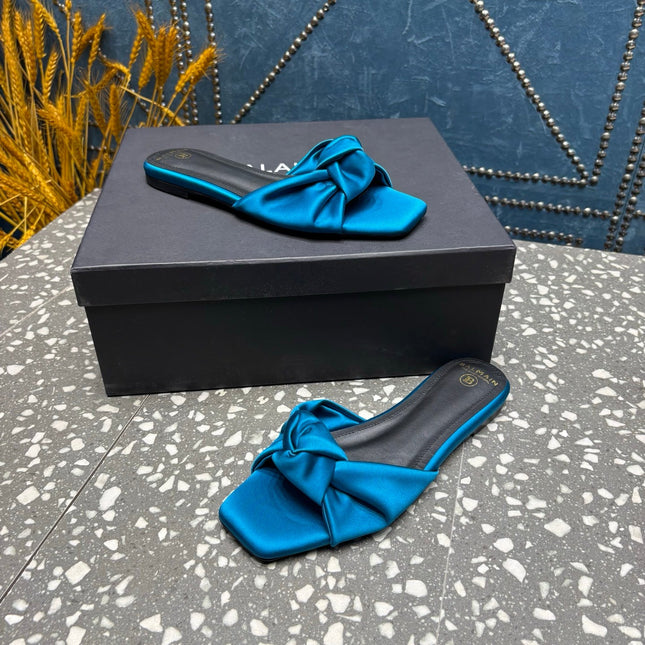 BALMAIN 26S SLIDES IN OCEAN BLUE SATIN