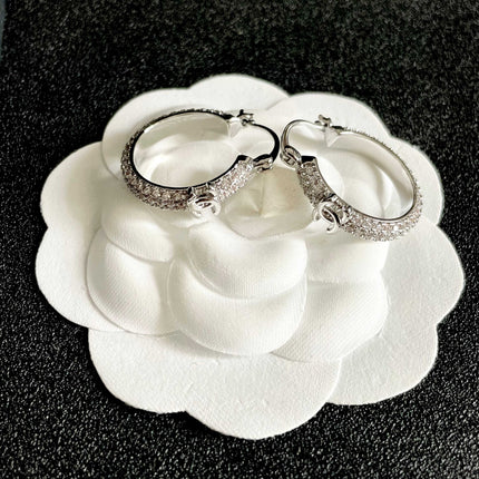 CHANEL 26S DOUBLE C LOGO FULL PAVE CRYSTAL HOOP EARRINGS IN SILVER METAL 630069