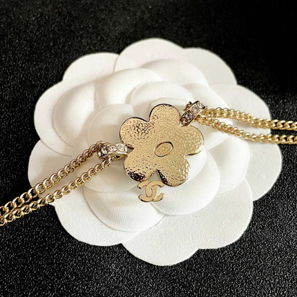 CHANEL 26S DOUBLE C LOGO BLUE PETAL FLOWER LAYERED CHAIN NECKLACE IN GOLD METAL 633153