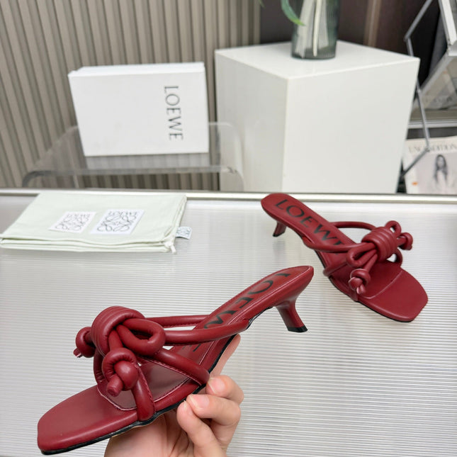 LOEWE 26S KITTEN HEEL KNOT SANDALS 45MM IN BURGUNDY RED CALFSKIN