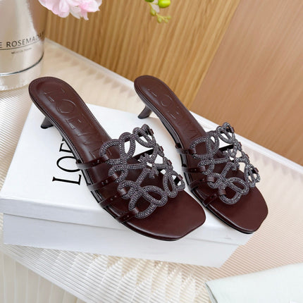 LOEWE 26S PETAL ANAGRAM SLIDE 45MM IN DARK BROWN SOFT CALFSKIN WITH CRYSTALS