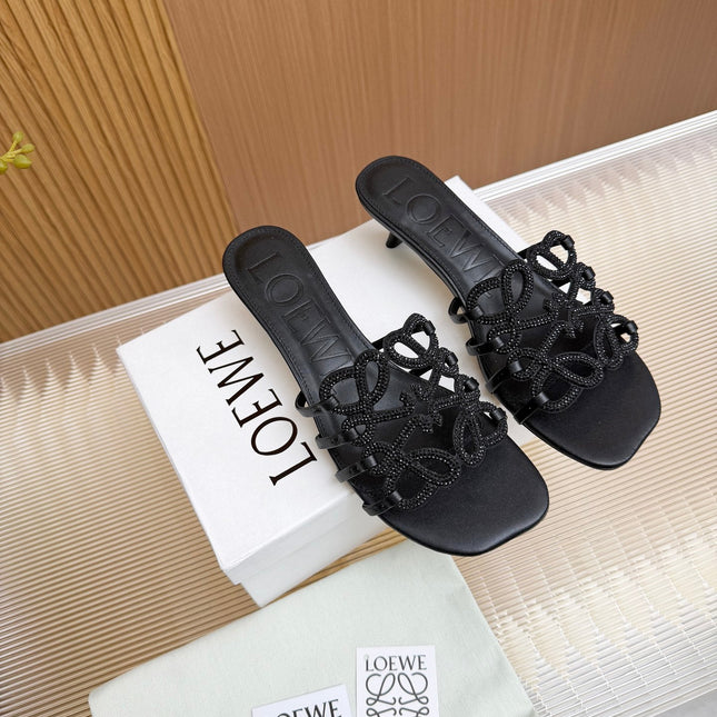 LOEWE 26S PETAL ANAGRAM SLIDE 45MM IN BLACK SOFT CALFSKIN WITH CRYSTALS