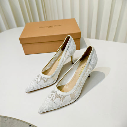 GIANVITO ROSSI 26S HIGH HEELS 85 MM IN WHITE LACE FABRIC