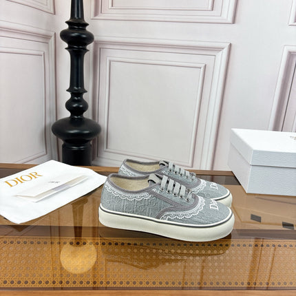 DIOR 26S LOW TOP SNEAKERS IN GREY CANVAS WITH WHITE LACE TRIM & LOGO PRINT