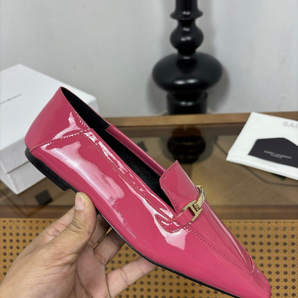 YSL 26S SQUARE-TOE LOAFERS IN PINK GLOSSY CALFSKIN WITH METAL BAR