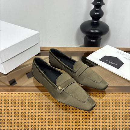 YSL 26S SQUARE-TOE LOAFERS IN MOSS GREEN SATIN