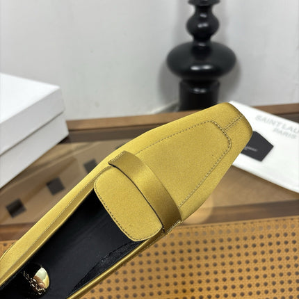 YSL 26S SQUARE-TOE LOAFERS IN YELLOW GOLD SATIN