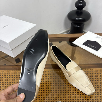 YSL 26S SQUARE-TOE LOAFERS IN BEIGE SATIN