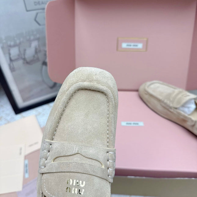 MIUMIU 25S NAPPA LOAFERS IN BEIGE SUEDE