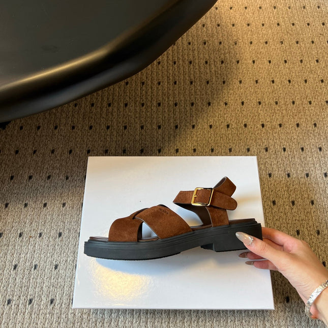 PRADA 26S CROSS STRAP PLATFORM SANDALS 35MM IN BROWN SUEDE