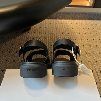 PRADA 26S CROSS STRAP PLATFORM SANDALS 35MM IN BLACK CALFSKIN