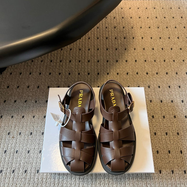 PRADA 26S ANKLE STRAP FISHERMAN SANDALS IN DARK BROWN CALFSKIN