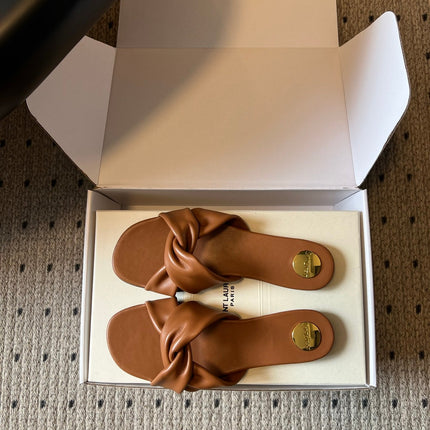 YSL 26S TWISTED-STRAP FLAT SANDALS IN  BROWN LAMBSKIN