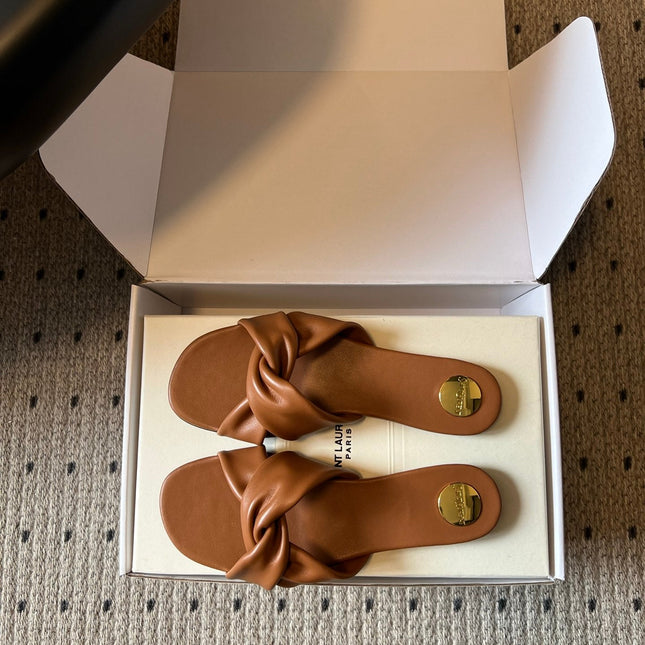 YSL 26S TWISTED-STRAP FLAT SANDALS IN  BROWN LAMBSKIN