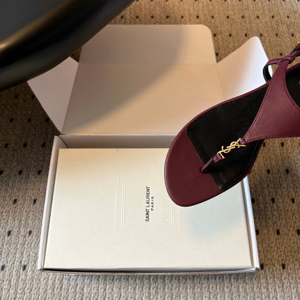 YSL 26S WIDE-STRAP THONG SANDALS IN DARK RED CALFSKIN