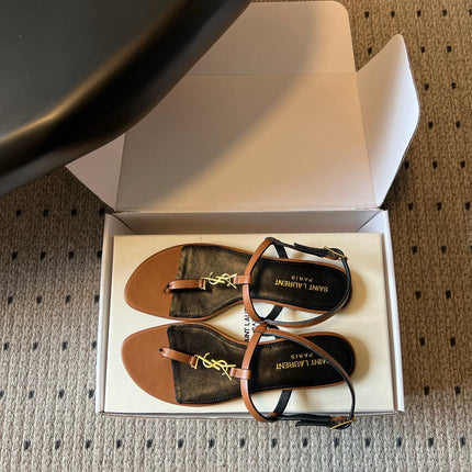 YSL 26S THONG SANDALS IN BROWN CALFSKIN WITH GOLD HARDWARE