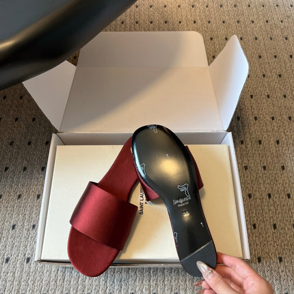 YSL 26S FLAT SLIDES IN DARK RED SATIN