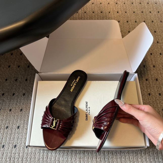 YSL 26S BABYLONE FLAT MULES IN DARK RED LAMBSKIN