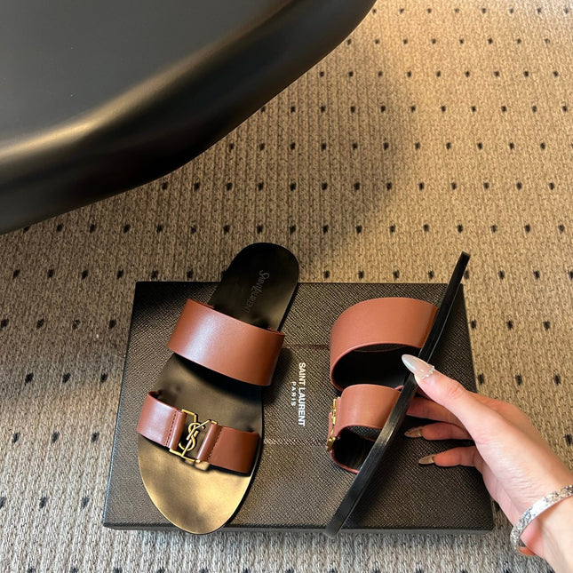 YSL 26S DOUBLE-STRAP SANDALS IN BROWN CALFSKIN