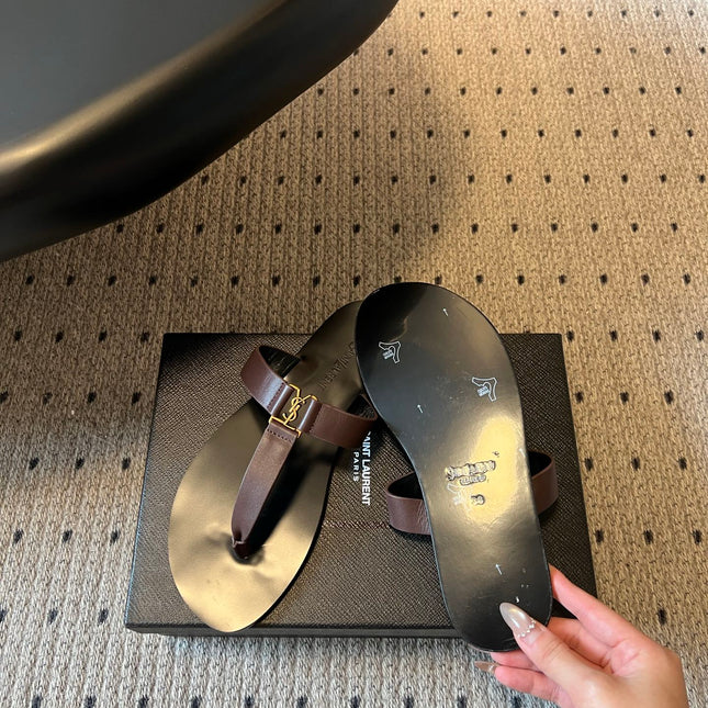YSL 26S THONG SANDALS IN ESPRESSO BROWN AND BLACK SHINY CALFSKIN