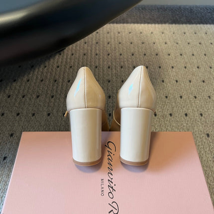 GIANVITO ROSSI 26S MARY JANE HEELS 85 MM IN BEIGE PATENT CALFSKIN