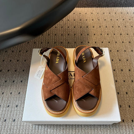 PRADA 26S CROSS STRAP PLATFORM SANDALS 55MM IN BROWN SUEDE