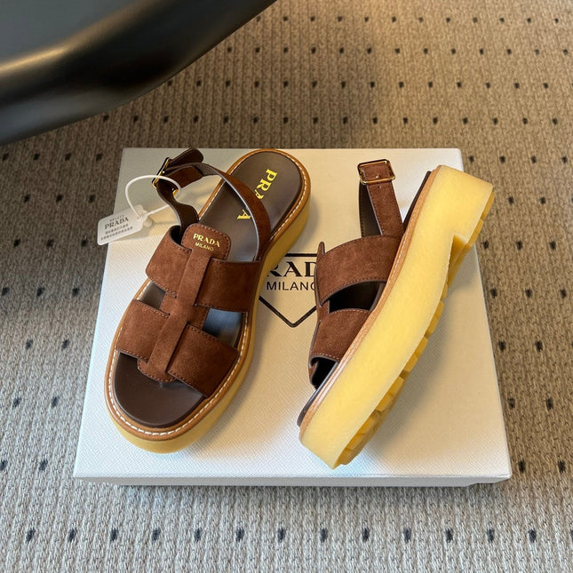 PRADA 26S PLATFORM SANDALS 55MM IN BROWN SUEDE