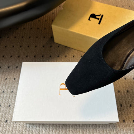 THE ROW 26S SQUARE TOE BACKLESS SLIDES IN BLACK CALF HAIR