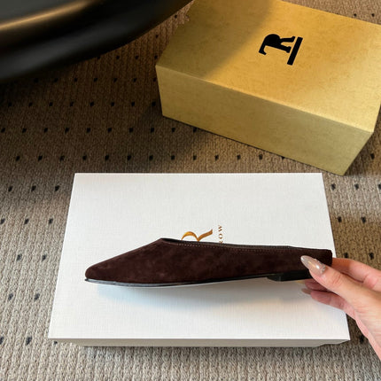 THE ROW 26S SQUARE TOE BACKLESS SLIDES IN DARK BROWN CALF HAIR