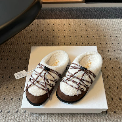 PRADA 26S WOVEN MULES IN IVORY WOOL AND DARK BROWN SUEDE
