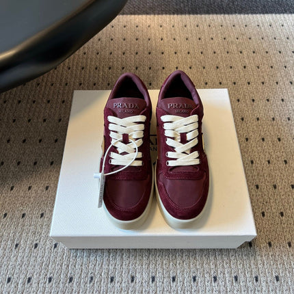 PRADA 26S PLATFORM SNEAKERS IN DARK RED FABRIC MIX SUEDE