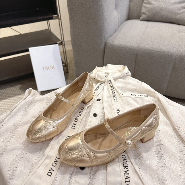 DIOR 26S MARY JANE PUMPS IN GOLD LAMBSKIN PEARL-ADORNED STRAP