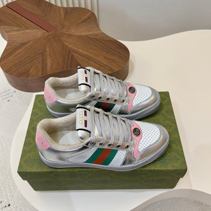 GUCCI 26S MESH SNEAKERS IN SILVER LEATHER