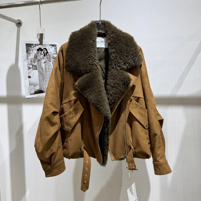 MAXMARA 26S FUR-TRIMMED SUEDE BIKER JACKET 292