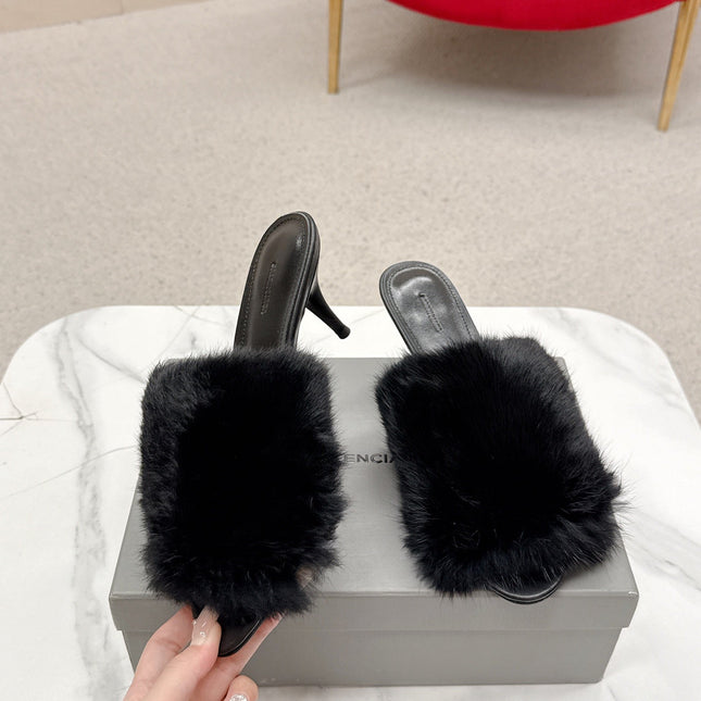BALENCIAGA 25S HIGH HEEL SANDALS 65 MM IN BLACK LAMBSKIN AND FUR