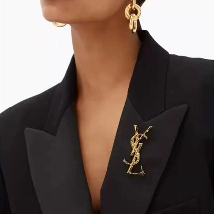 YSL 26S BAMBOO TEXTURED MONOGRAM BROOCH IN GOLD TONE METAL