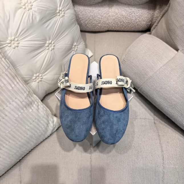 DIOR 26S FLAT MULES IN BLUE SUEDE WITH J'ADIOR BOW