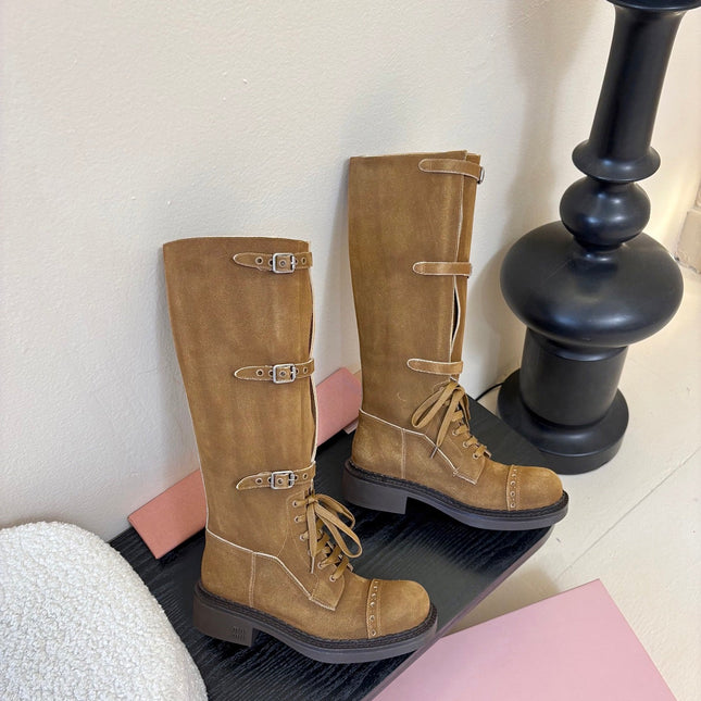 MIUMIU 25S ARMY BOOTS IN BROWN SUEDE