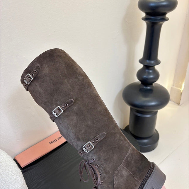 MIUMIU 25S ARMY BOOTS IN DARK BROWN SUEDE