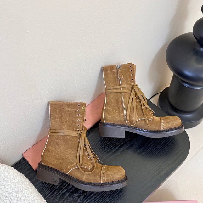 MIUMIU 25S LACED BOOTIES IN CINNAMON BROWN SUEDE