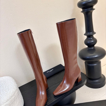 YSL 26S KNEE-HIGH HEELED BOOTS IN BROWN SHINY CALFSKIN