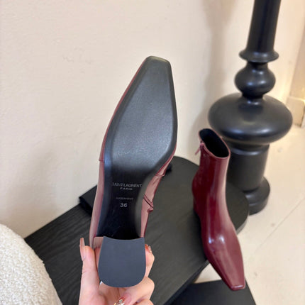 YSL 26S HEELED ANKLE BOOTS IN DARK RED SHINY CALFSKIN