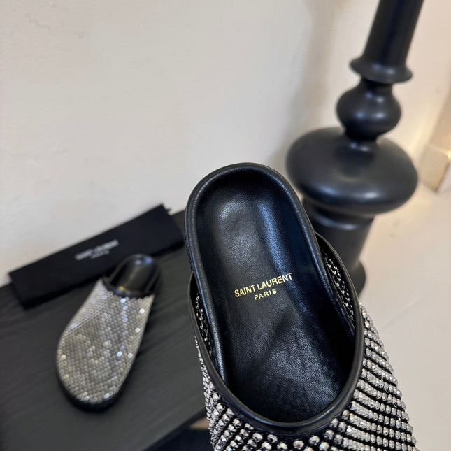 YSL 26S MESH MULES IN BLACK CALFSKIN AND WITH RHINESTONES