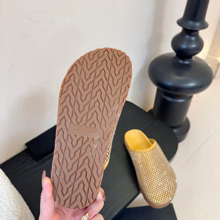 YSL 26S MESH MULES IN BEIGE YELLOW CALFSKIN AND WITH RHINESTONES