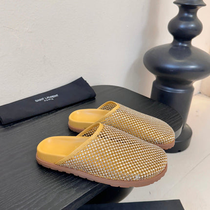 YSL 26S MESH MULES IN BEIGE YELLOW CALFSKIN AND WITH RHINESTONES